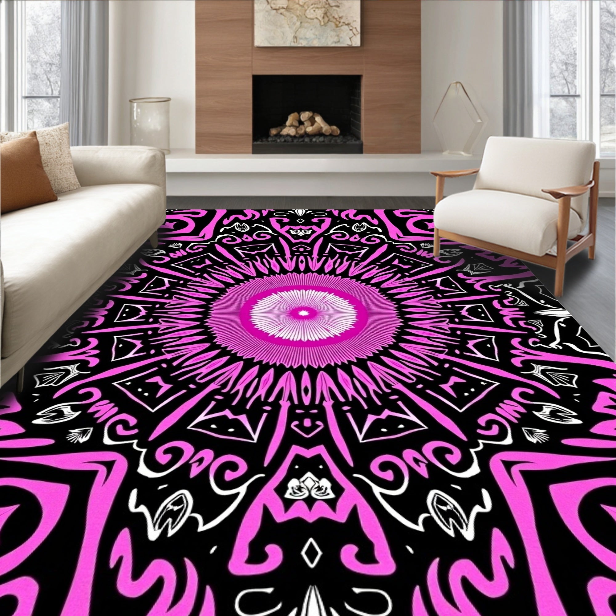 Vibrant pink black starburst mandala Rug