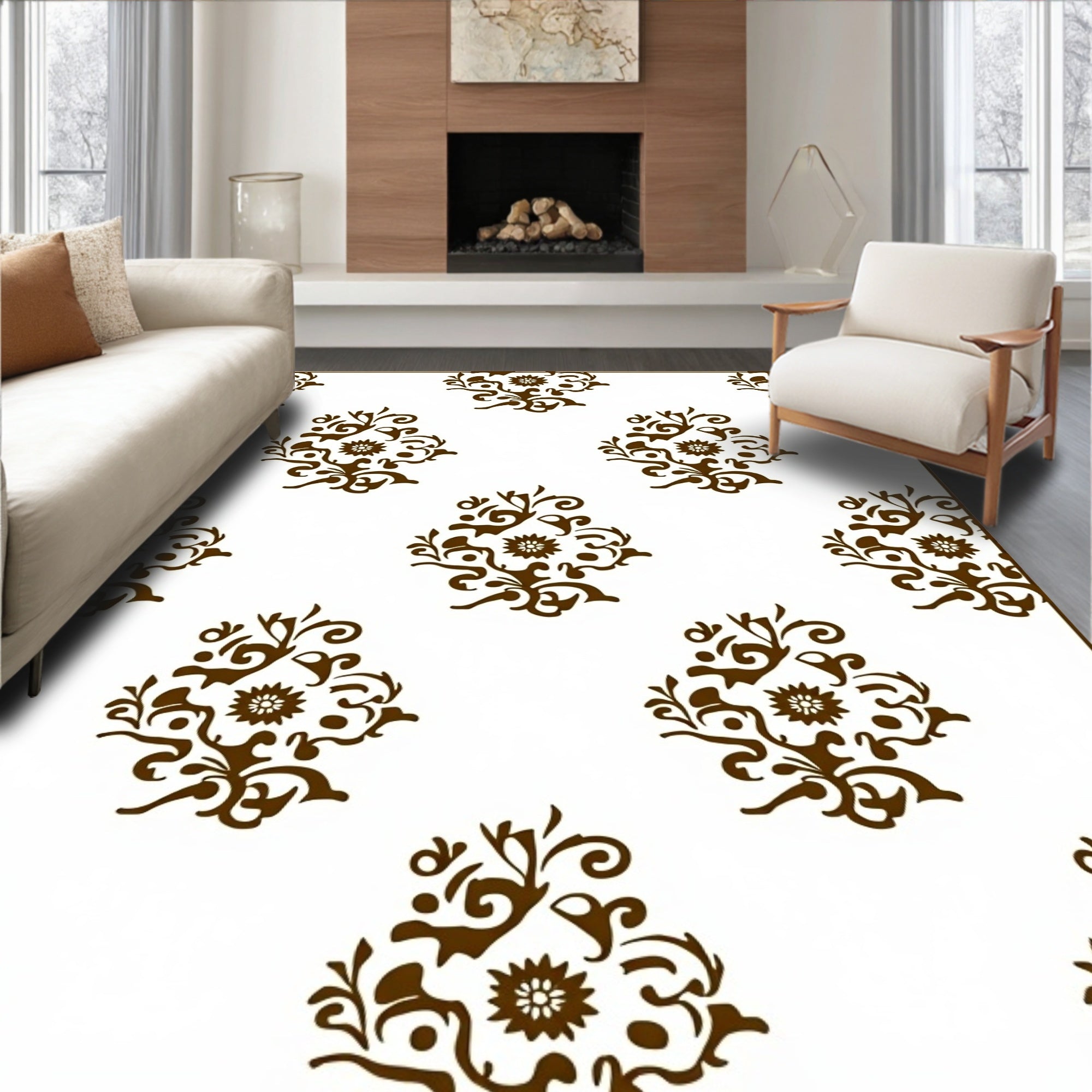 Brown Floral Scroll Medallion Rug