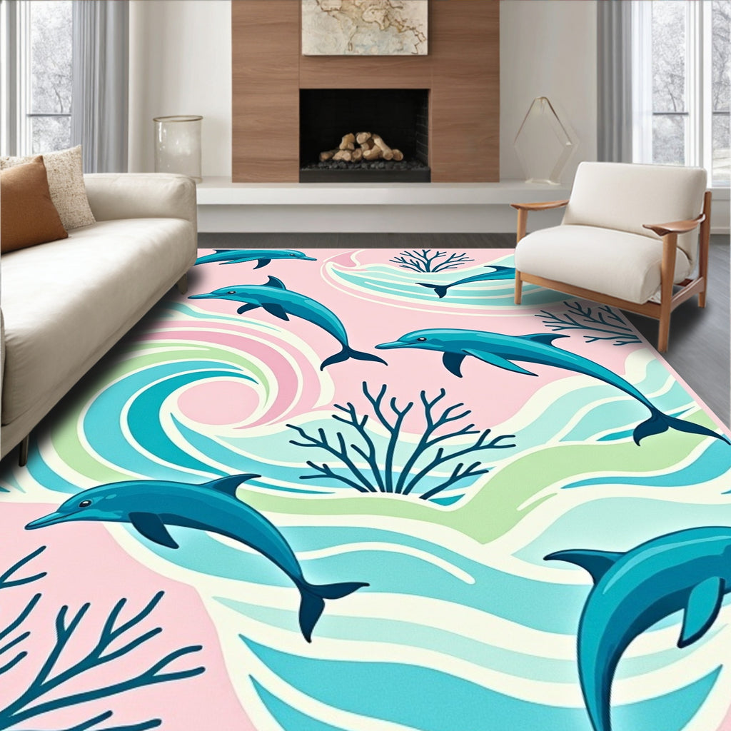 Playful Teal Dolphins Coral Waves Rug
