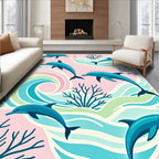 Playful Teal Dolphins Coral Waves Rug