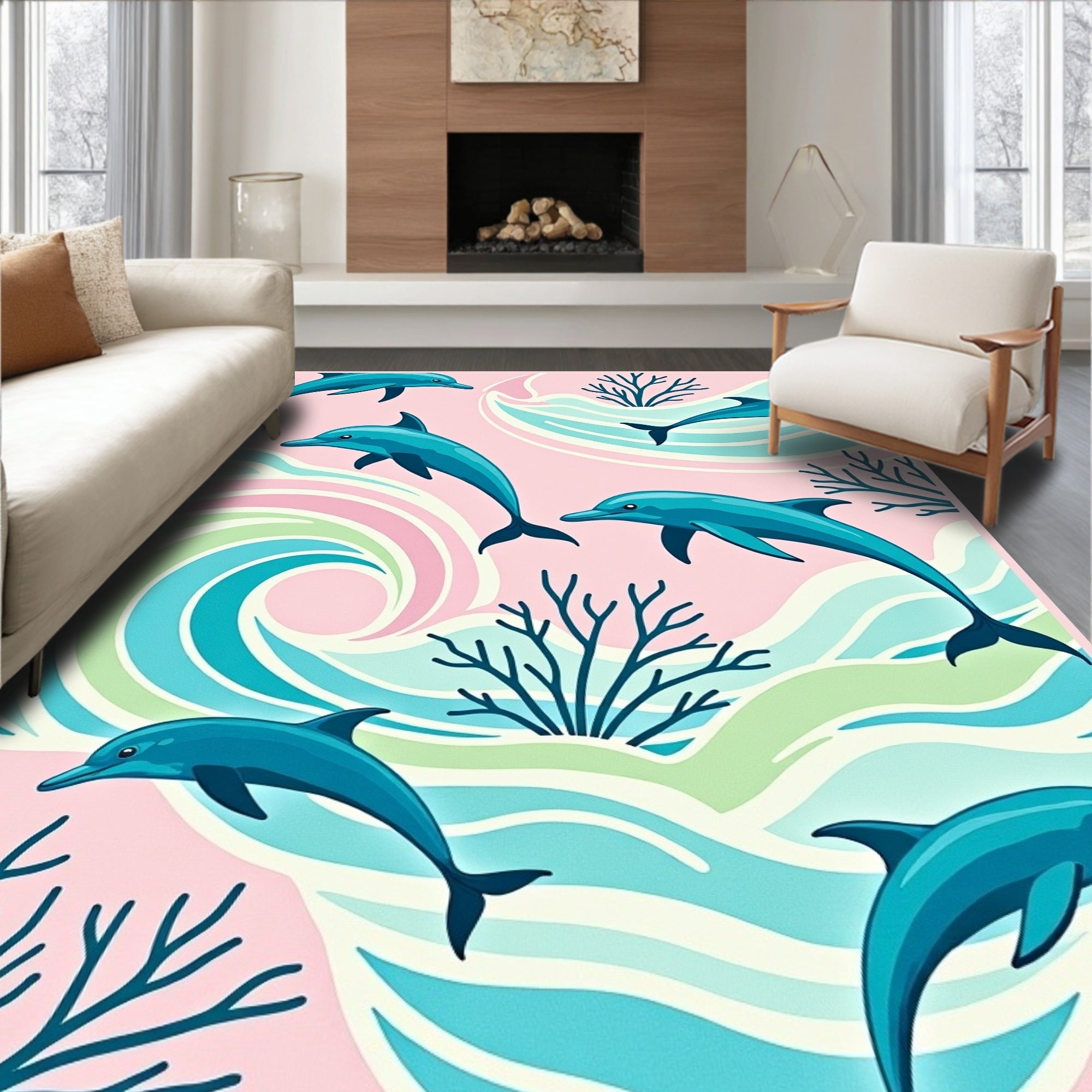 Playful Teal Dolphins Coral Waves Rug