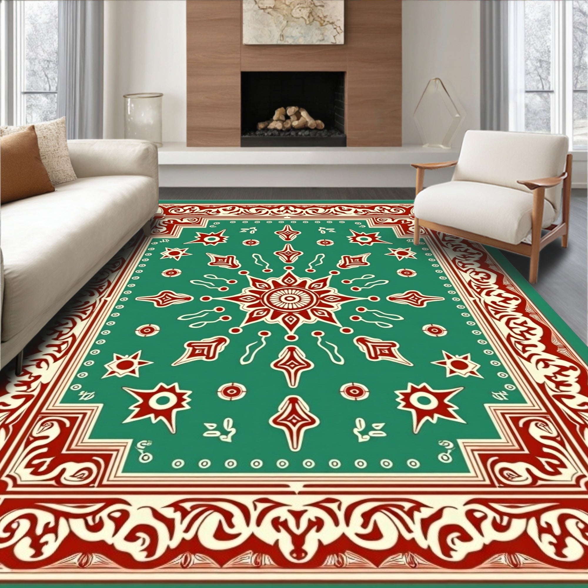 Red White Teal Ornamental Medallion Rug