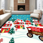 Charming Red Village Snowfall Scene Rug