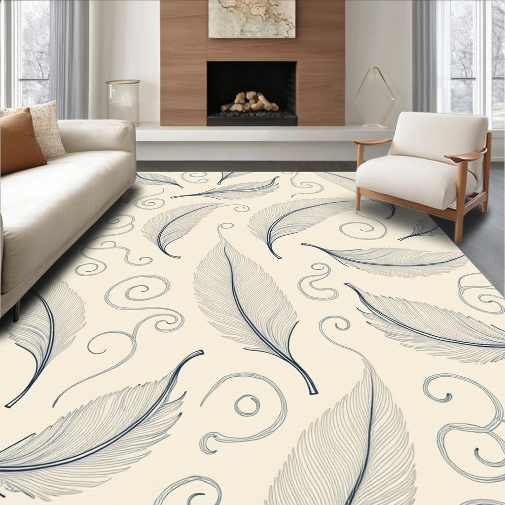 Cream and Blue Feather Swirls Rug