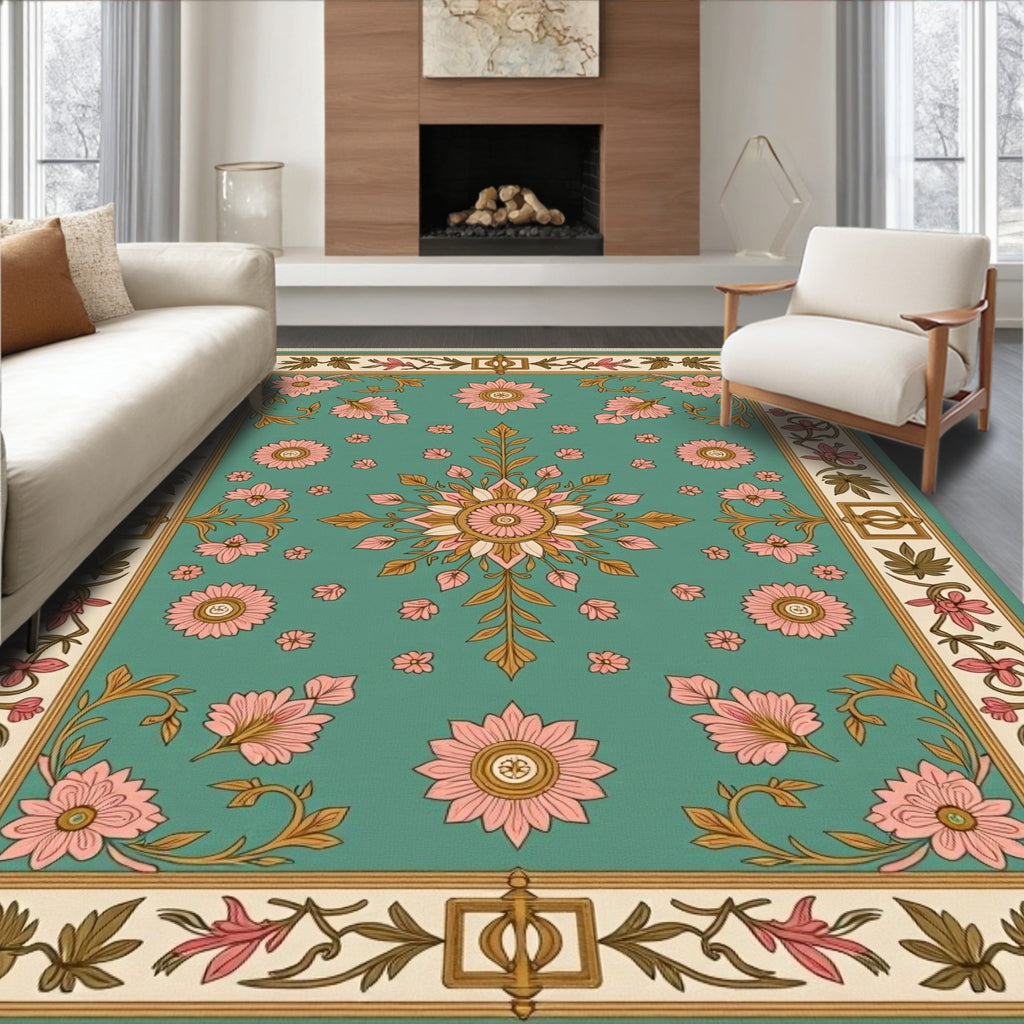 Aqua Pink Floral Medallion Border Rug