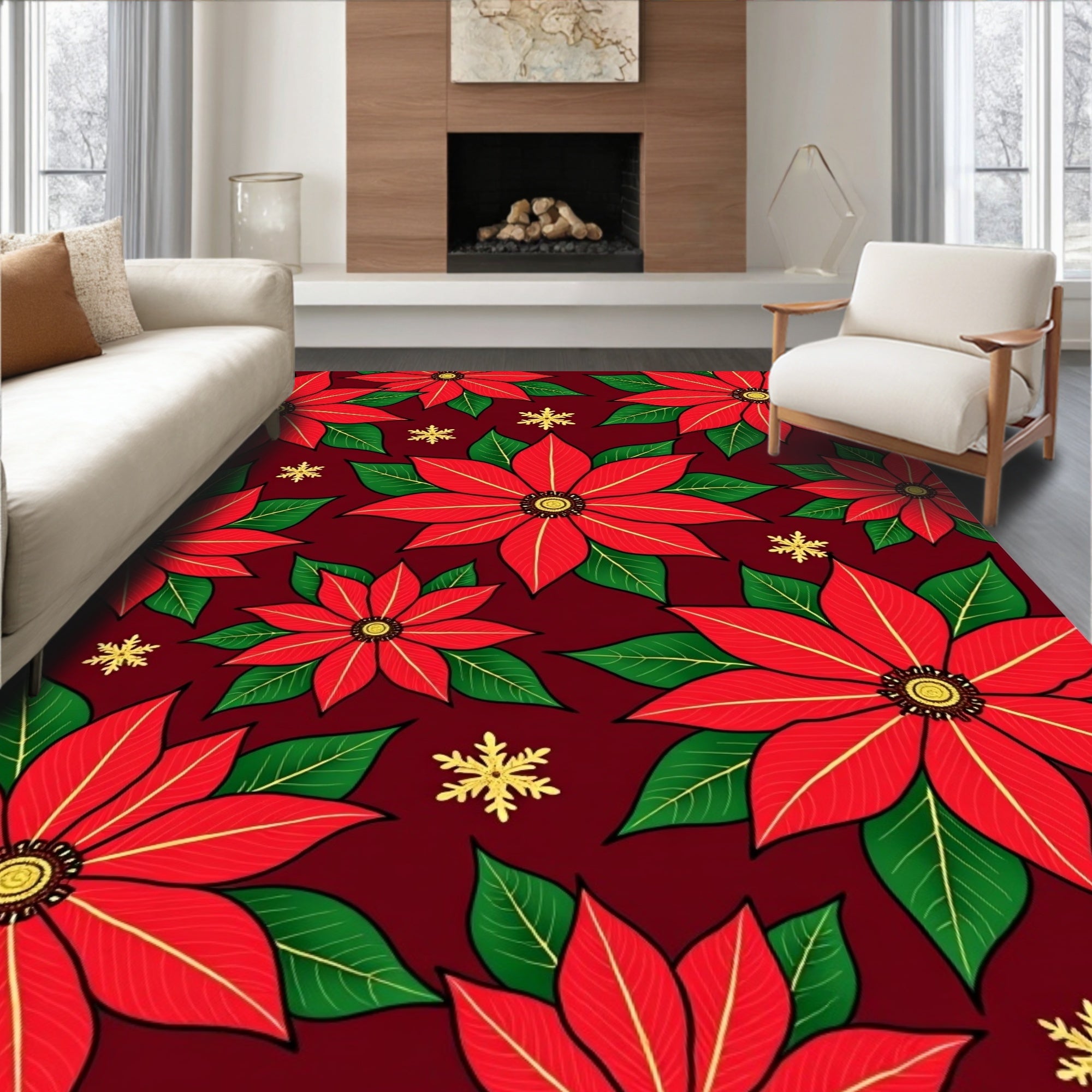 Crimson Red Poinsettia Snowflake Scatter Rug