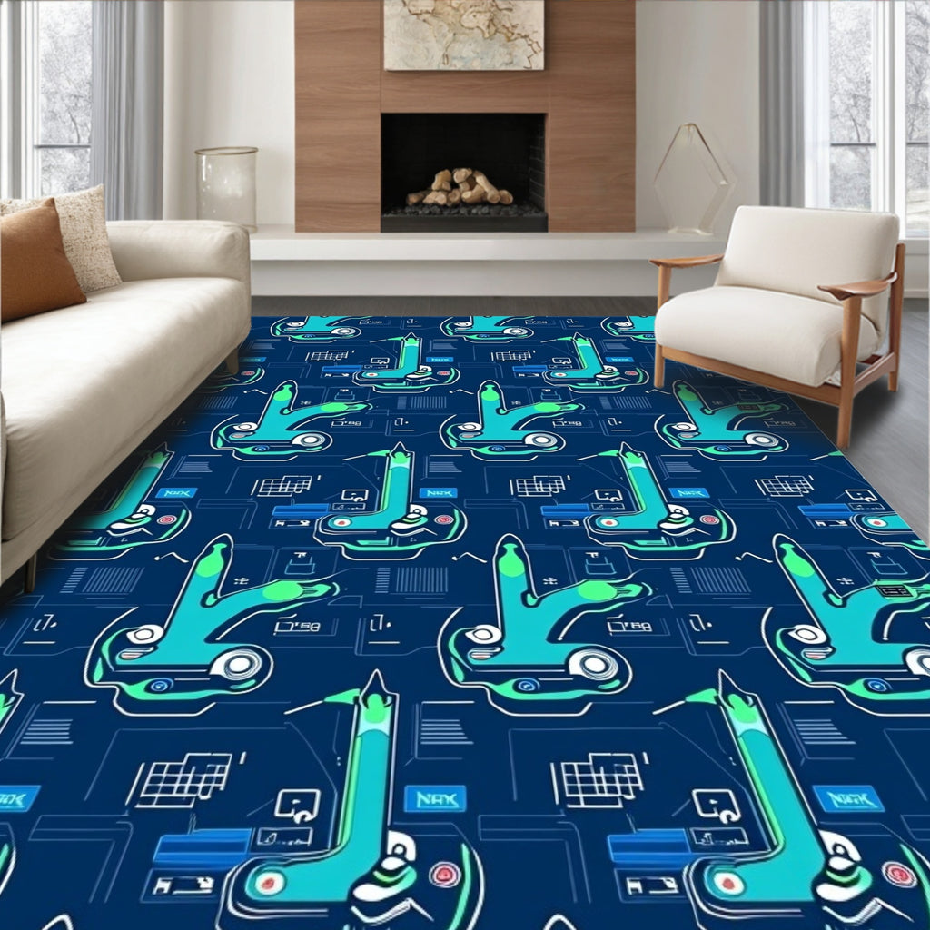 Futuristic Teal Circuit Board Abstract Rug