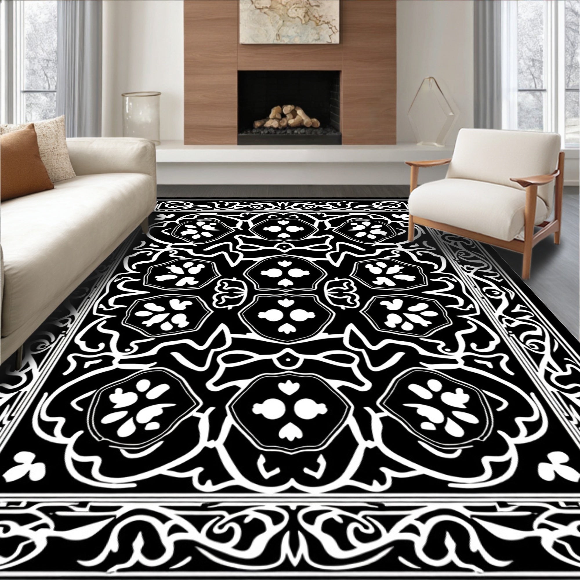 Black White Intricate Floral Medallion Rug
