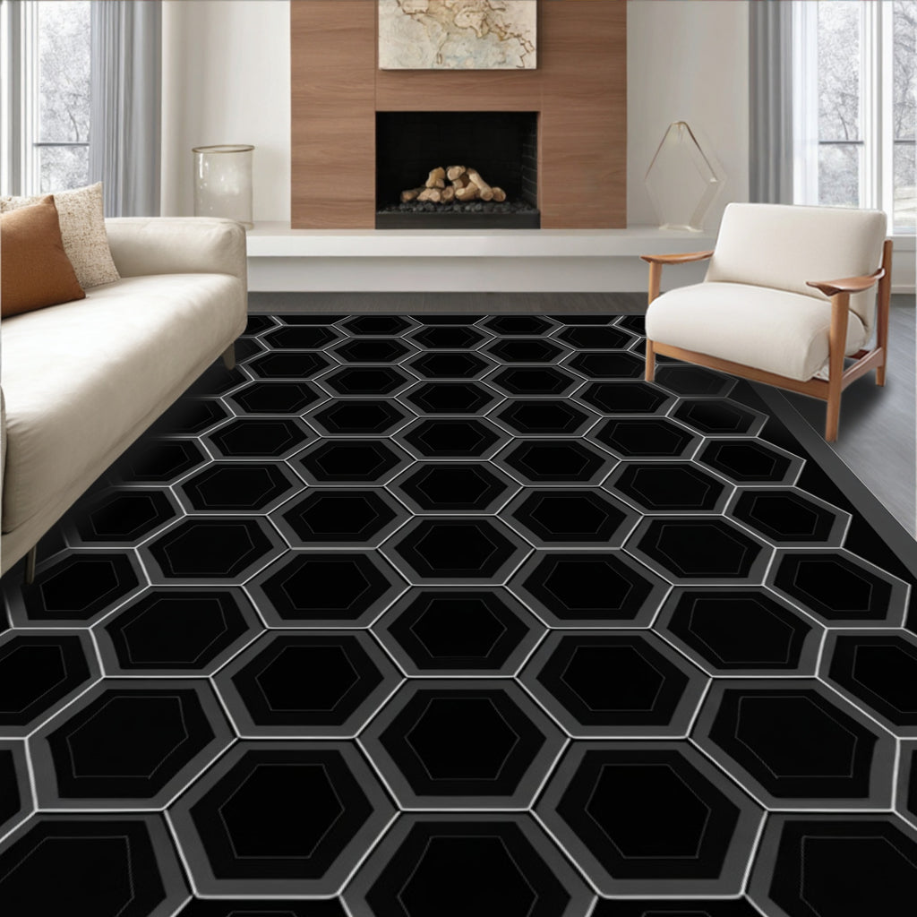 Modern Black Hexagon Overlay Rug