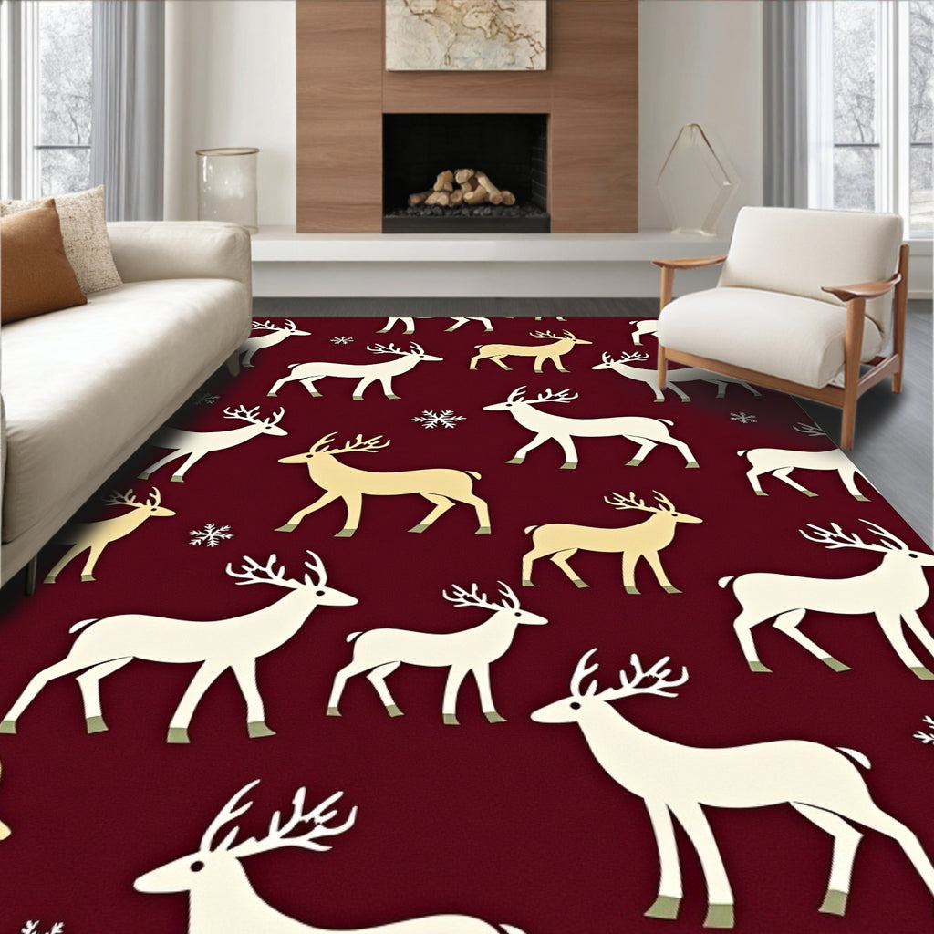 Cream White Reindeer Snowflakes Burgundy Rug