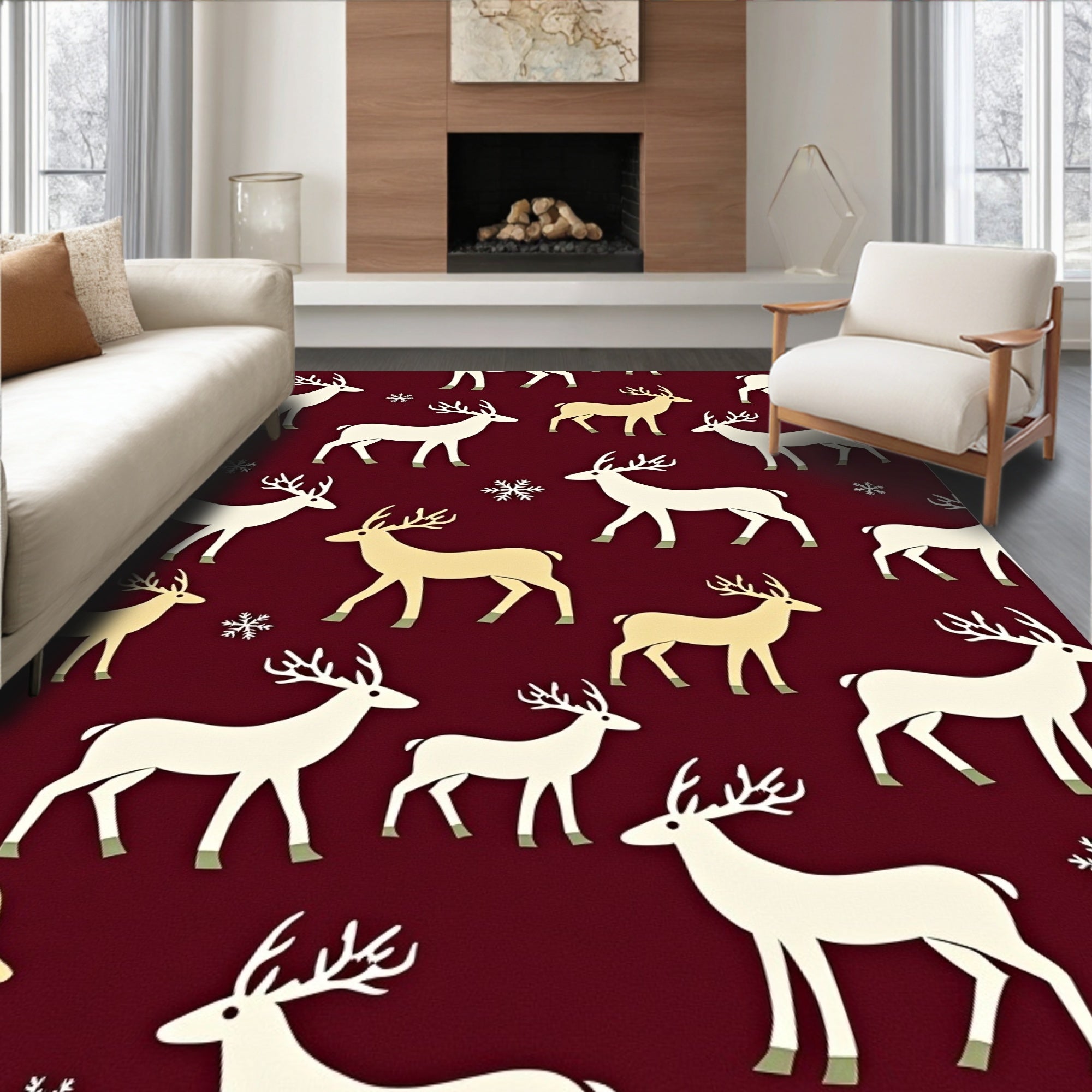 Cream White Reindeer Snowflakes Burgundy Rug