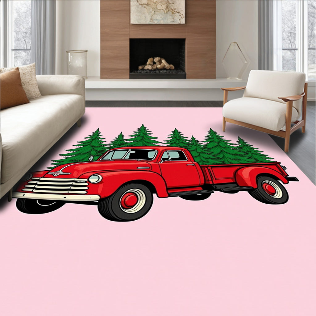 Vintage Red Truck Evergreen Forest Rug