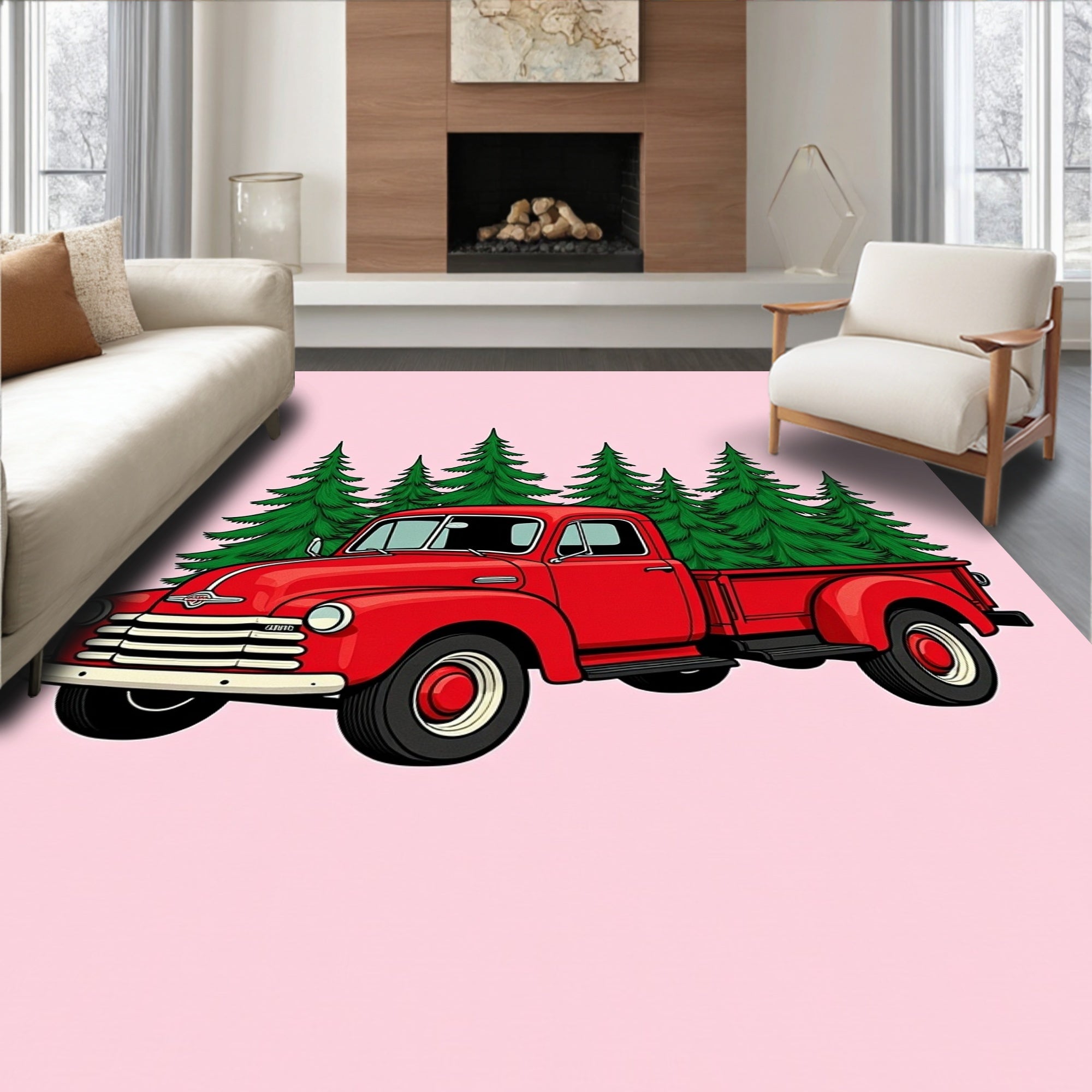Vintage Red Truck Evergreen Forest Rug