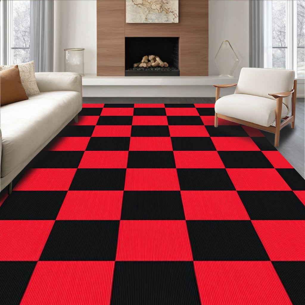 Classic Red Black Checkerboard Squares Rug