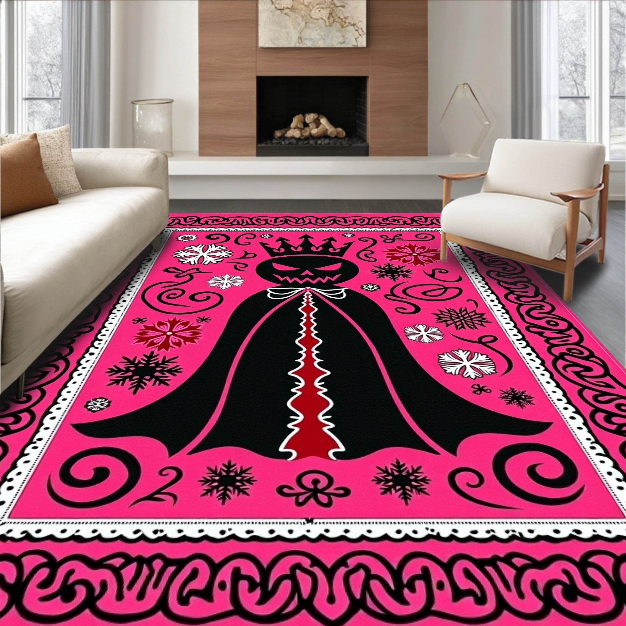 Menacing Black Crowned Figure Snowflakes Rug