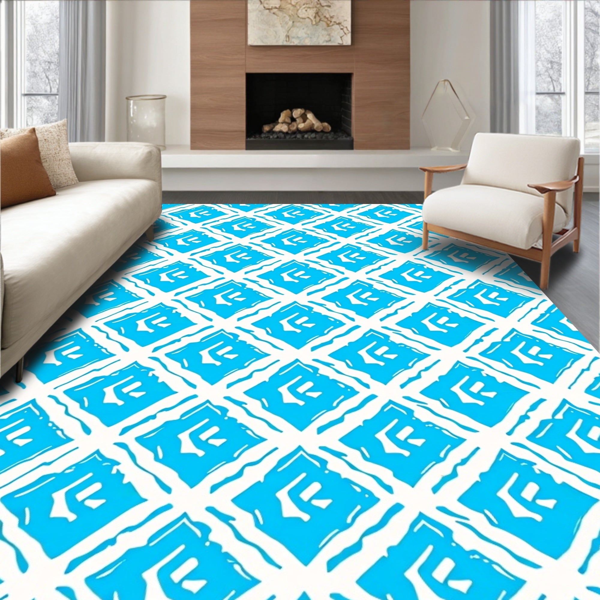 Bright Cyan Diamond Geometric Rhombus Rug