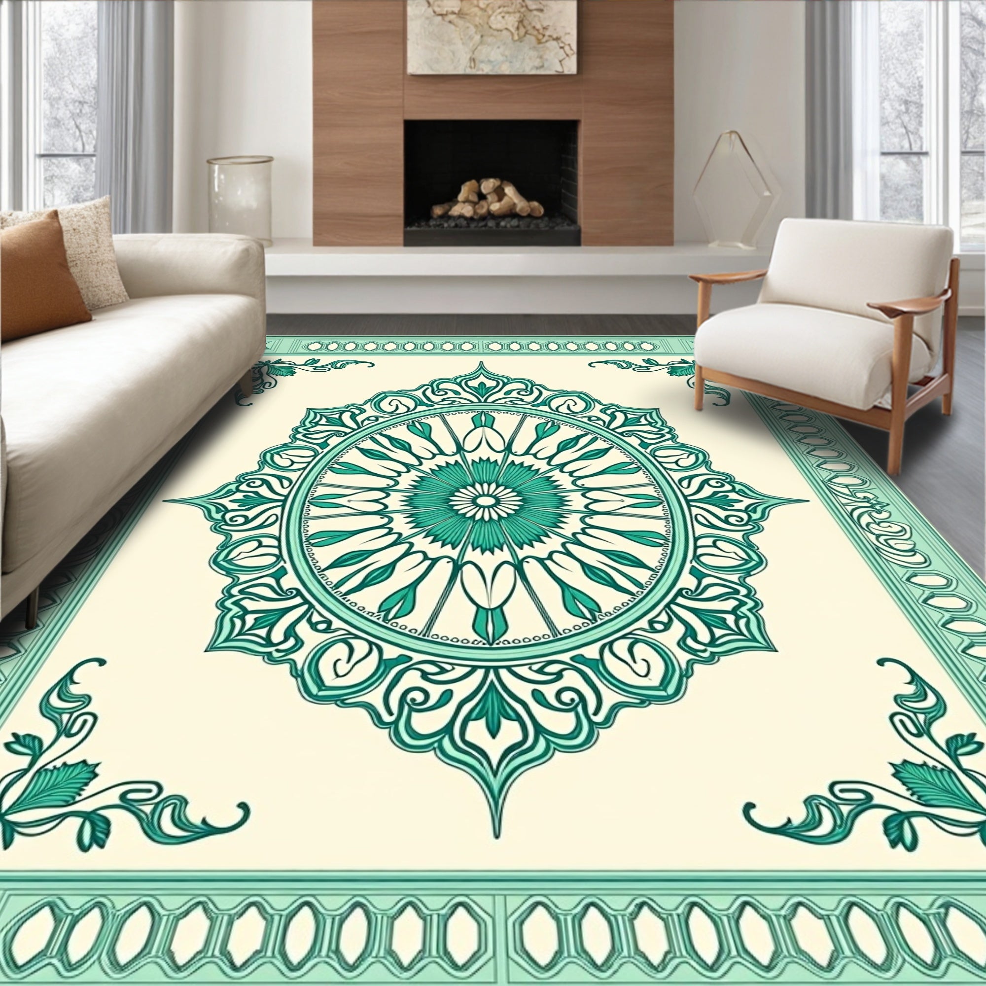 Emerald Green Floral Mandala Medallion Rug