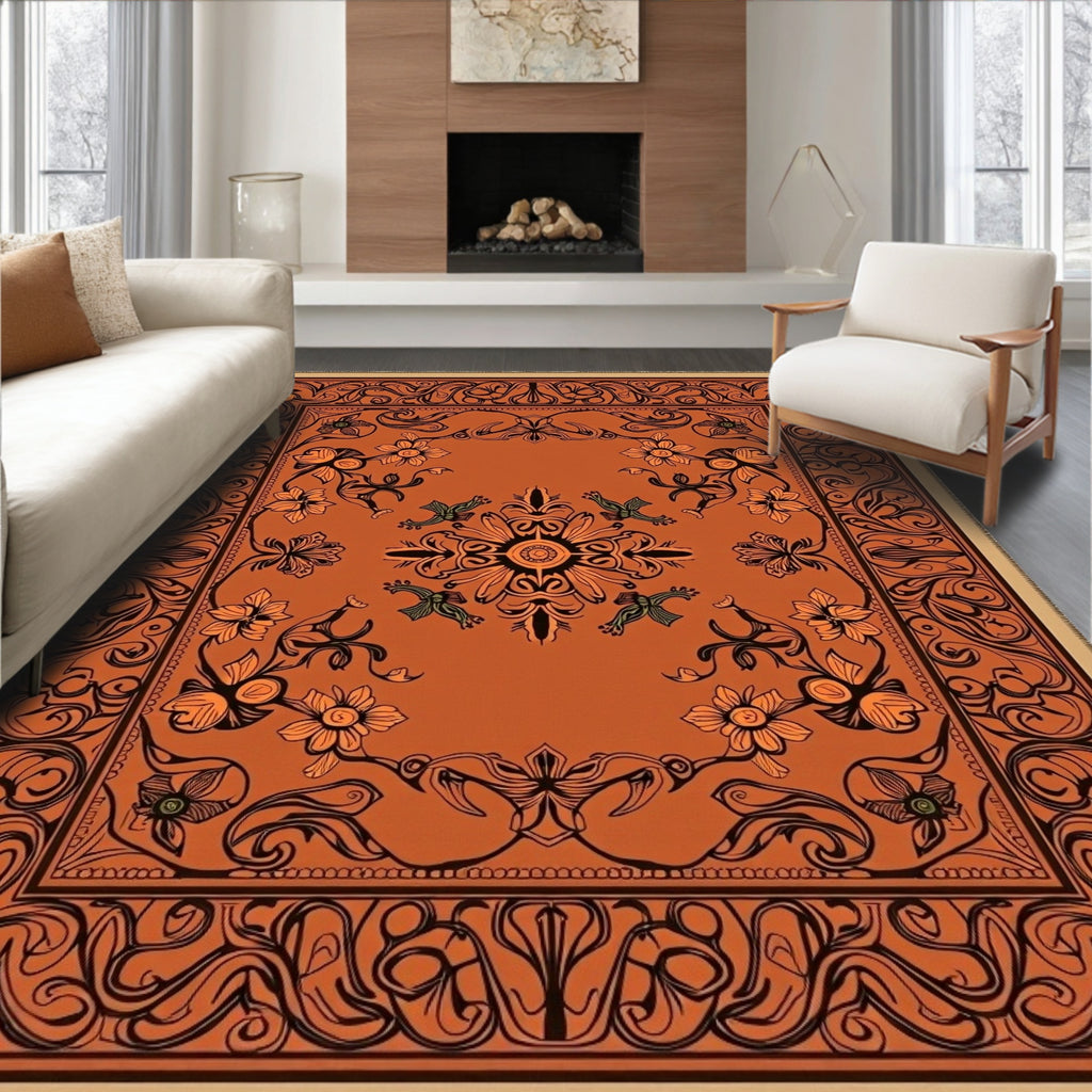 Fiery Orange Floral Medallion Accent Rug