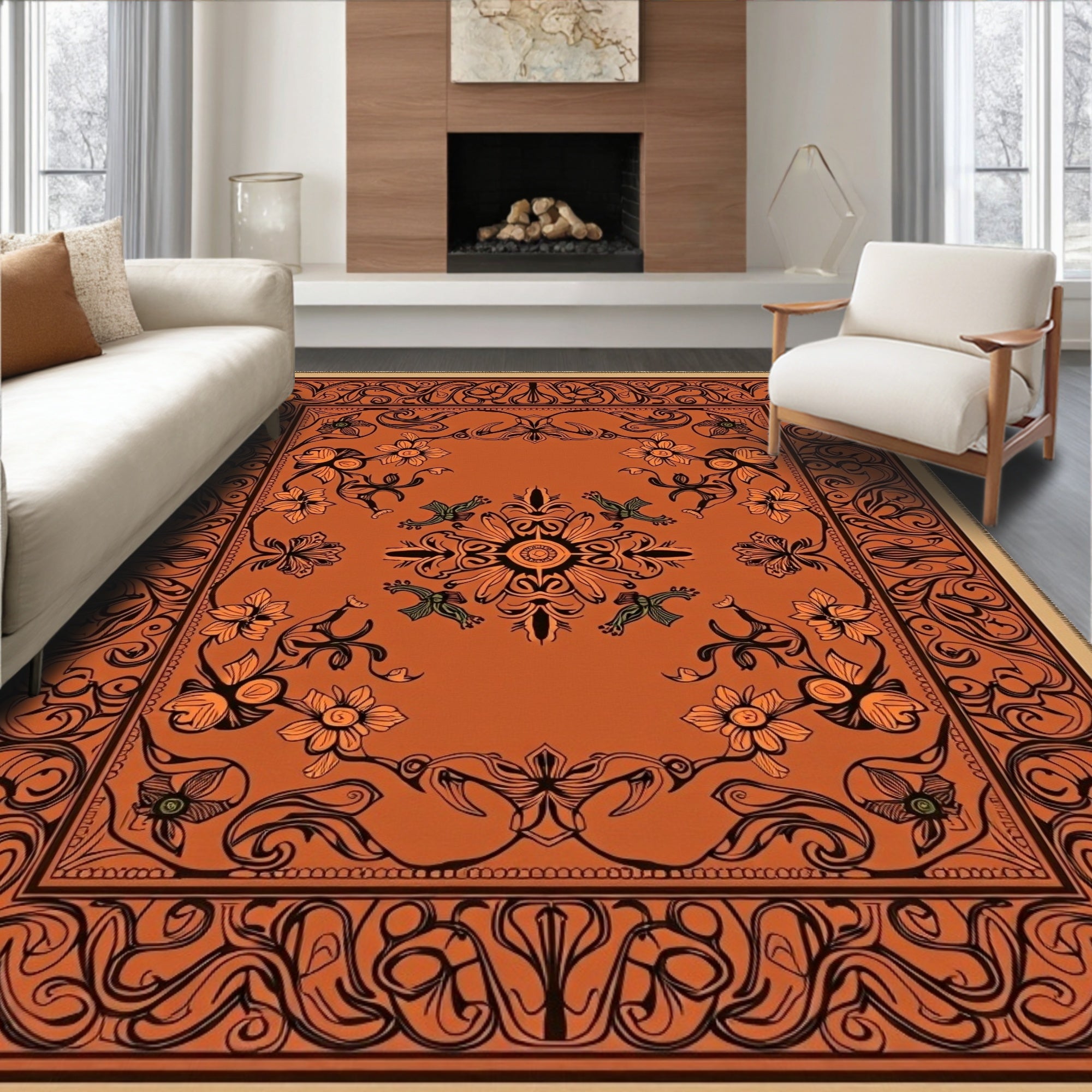 Fiery Orange Floral Medallion Accent Rug