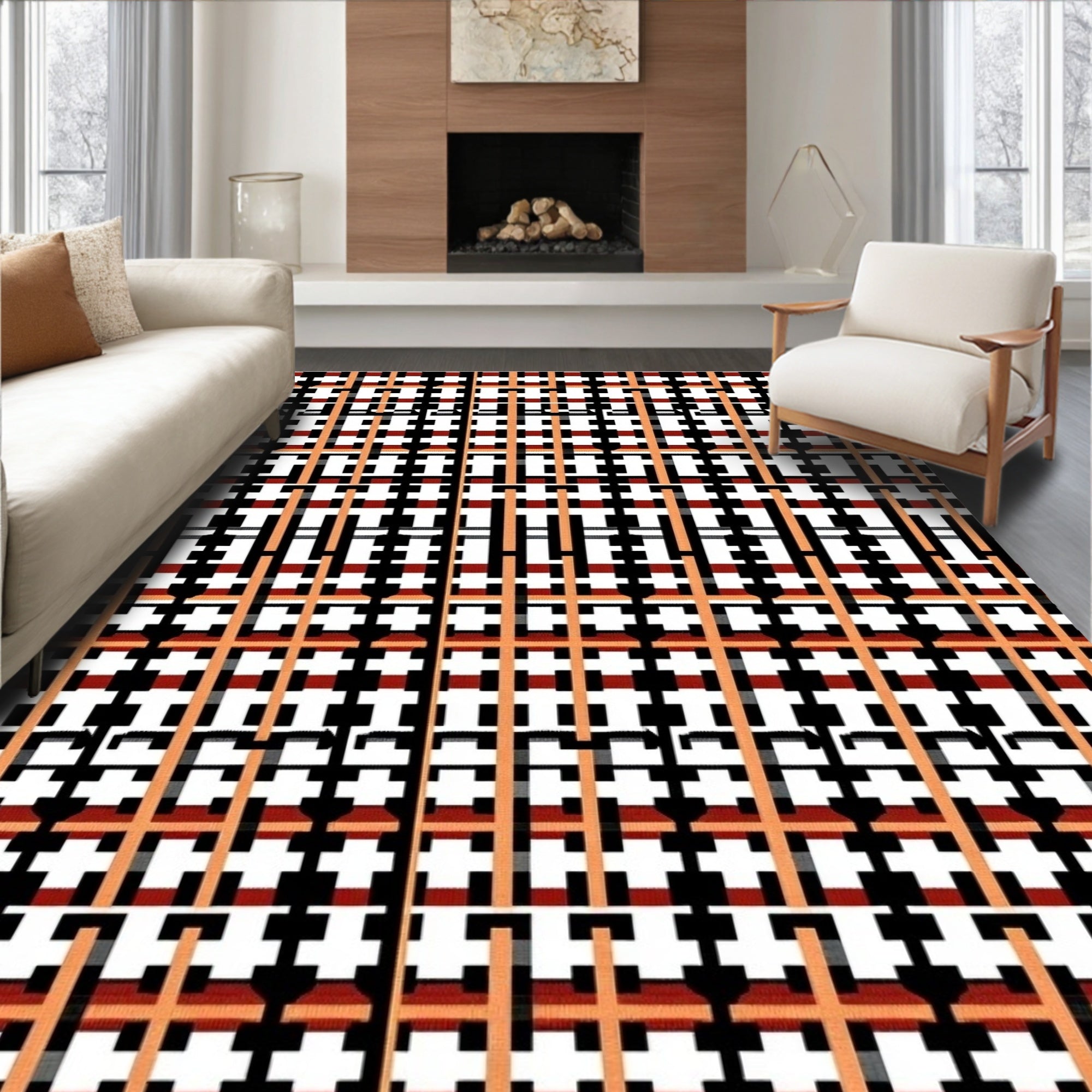 Terracotta Black White Plaid Weave Rug