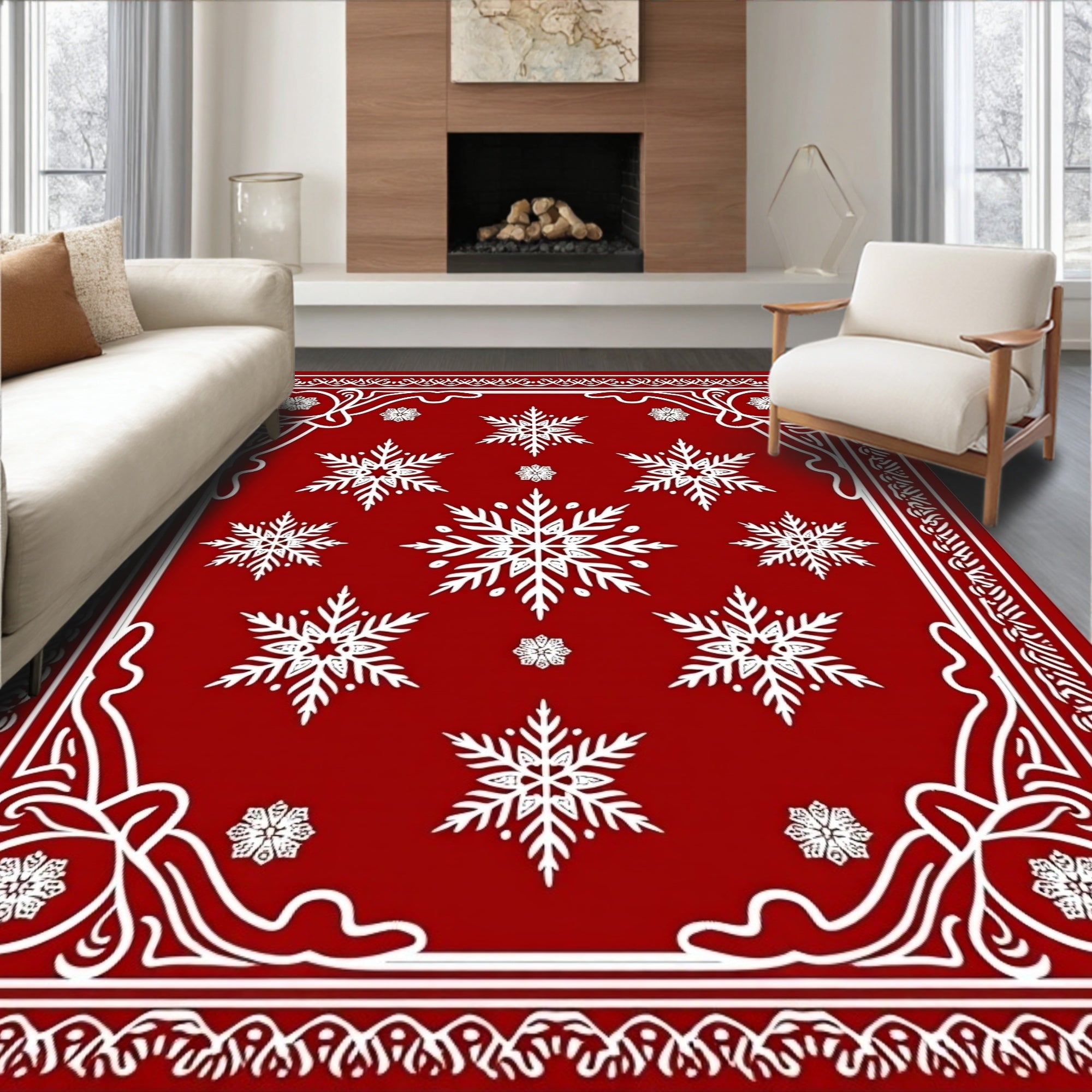 Red White Snowflake Mandala Rug