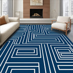 Dark Blue White Linear Maze Rug