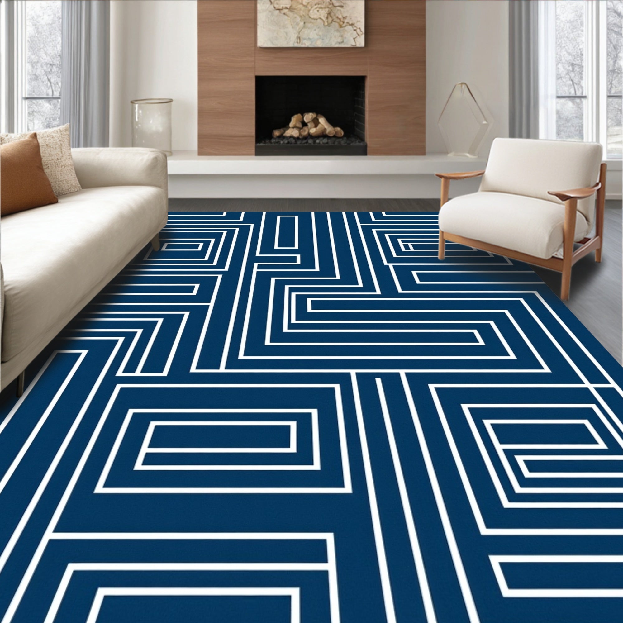 Dark Blue White Linear Maze Rug