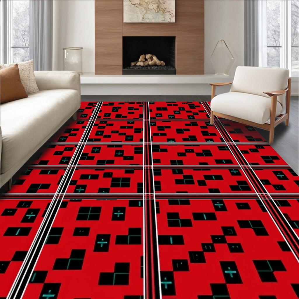 Red Black Geometric Glitch Squares Rug