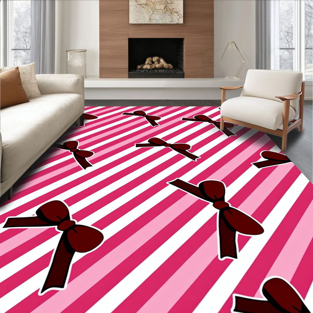Maroon Bows On Pink Stripe Background Rug