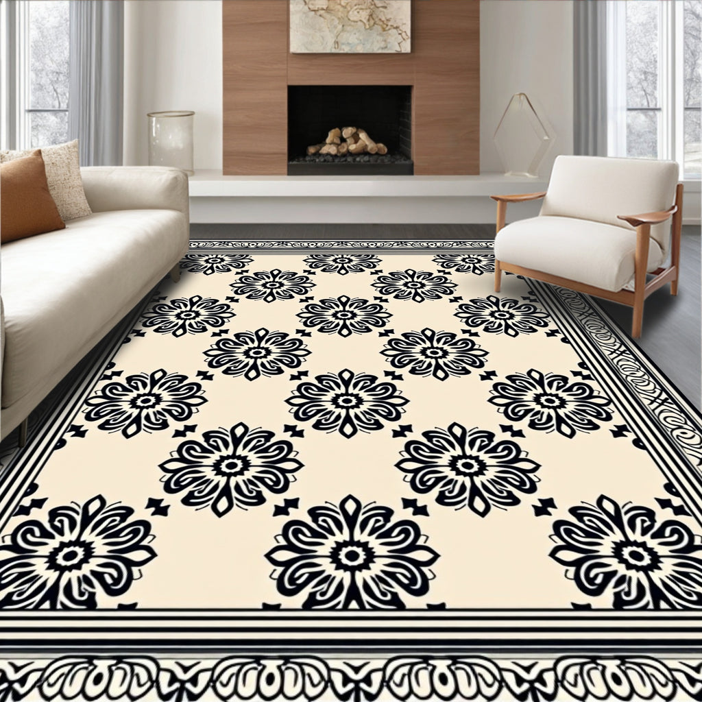 Cream Black Floral Medallion Border Rug