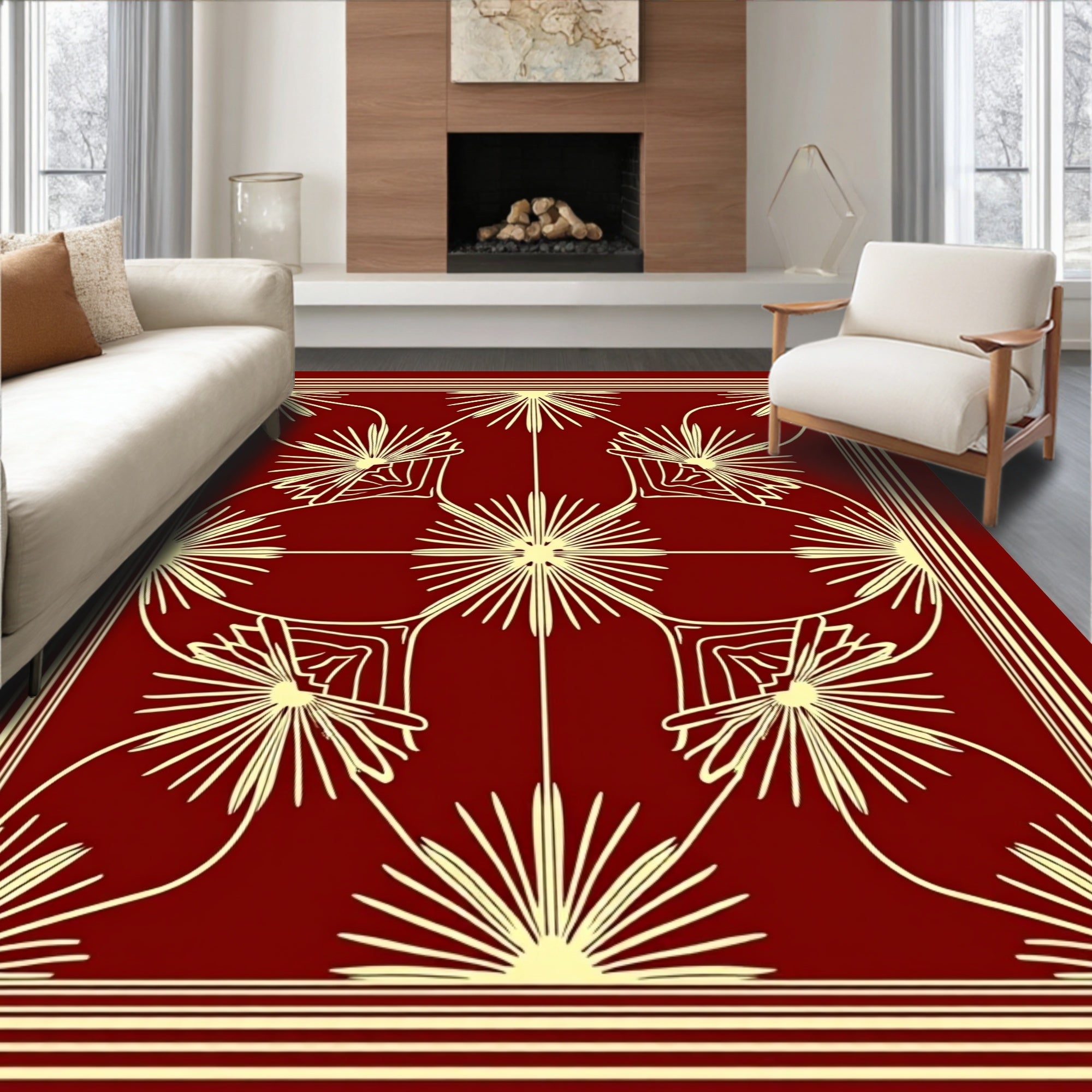 Crimson Sunburst Medallion Border Rug