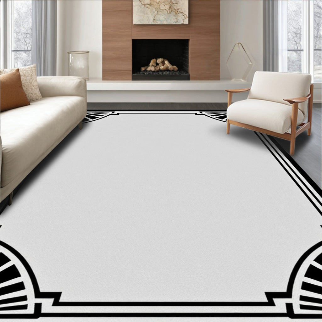Art Deco Black White Sunburst Border Rug