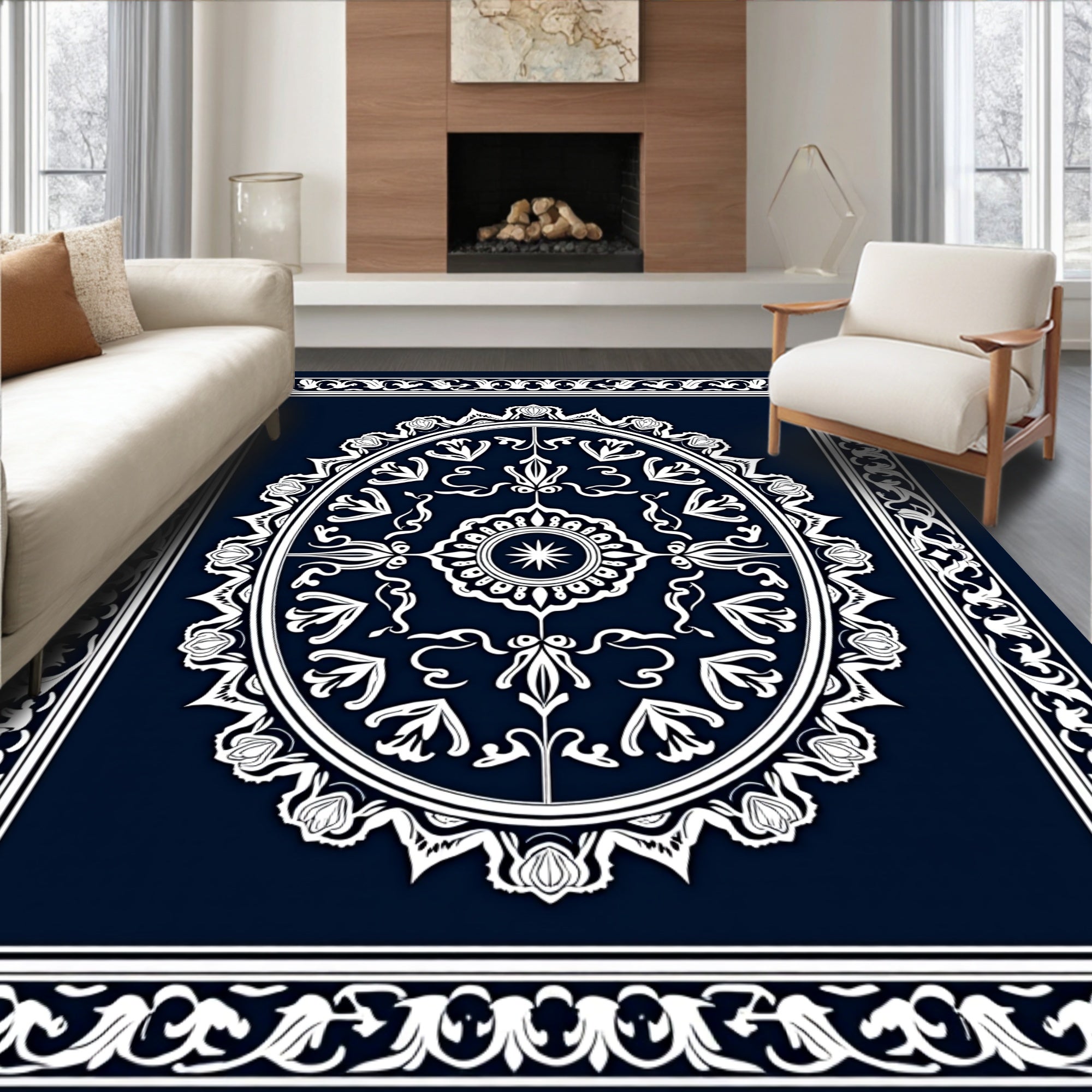 Deep Blue Oval Floral Border Rug
