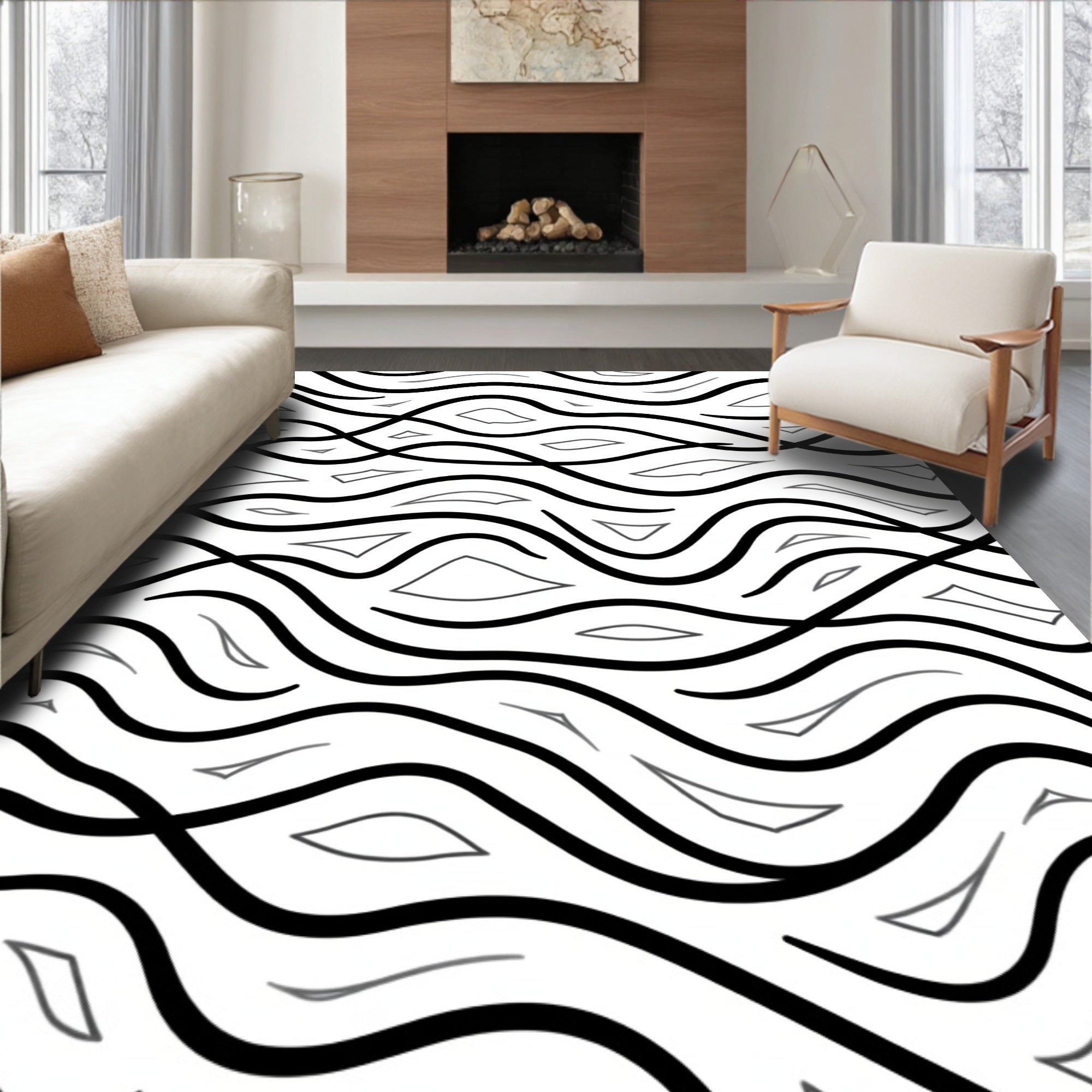 Black And White Abstract Wavy Stripes Rug