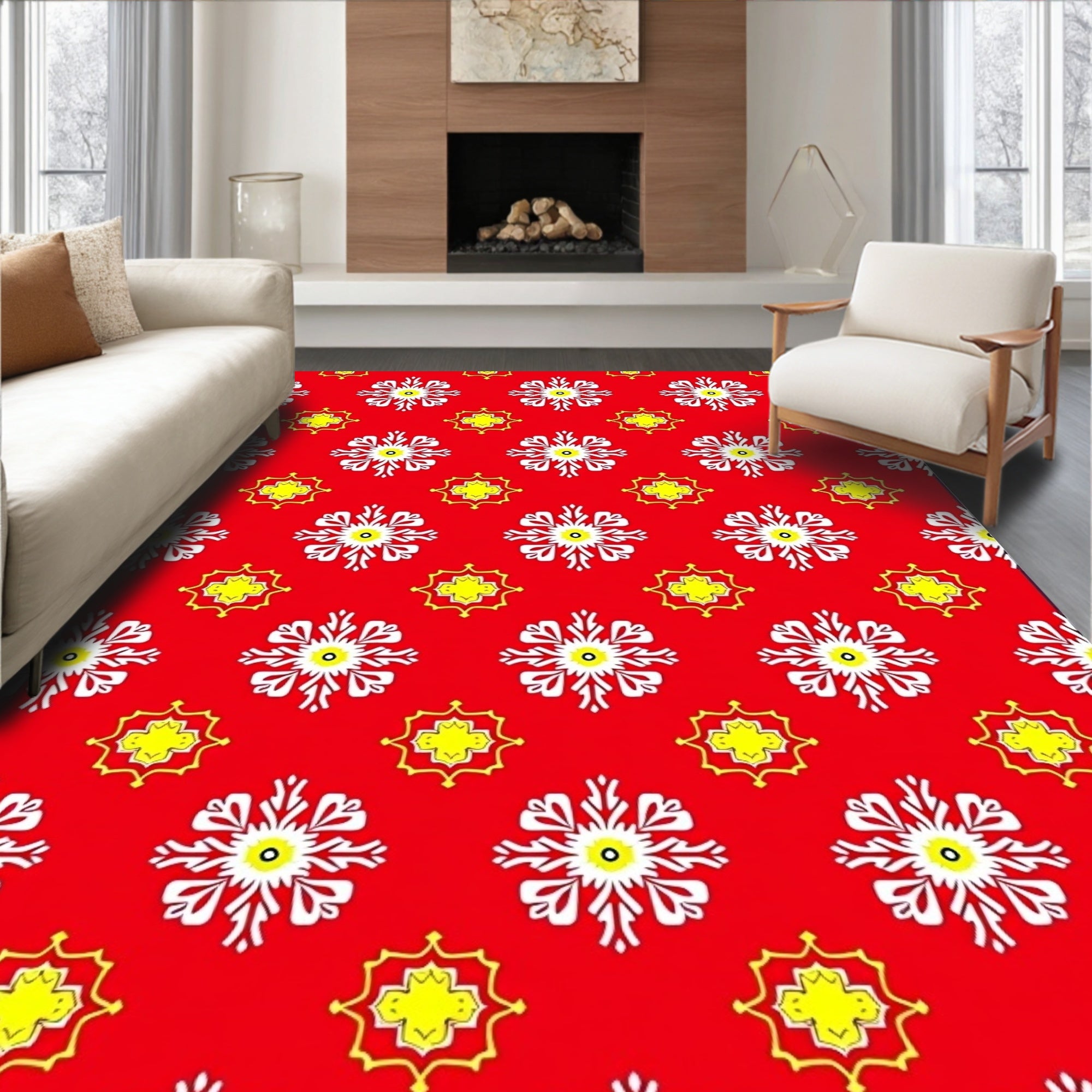 Red White Yellow Floral Medallion Rug