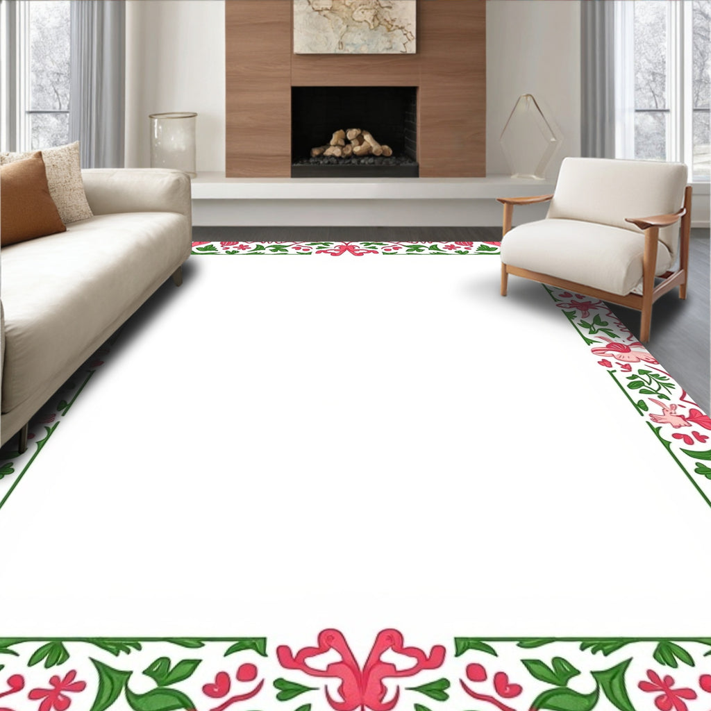 Pink Green Floral Scroll Border Rug