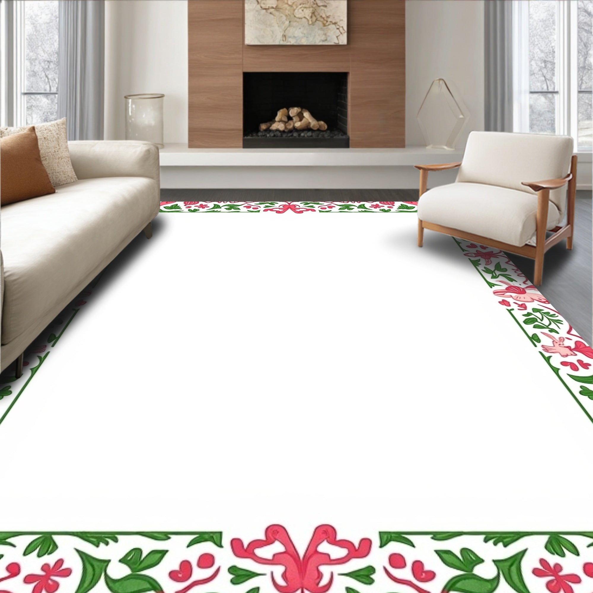 Pink Green Floral Scroll Border Rug