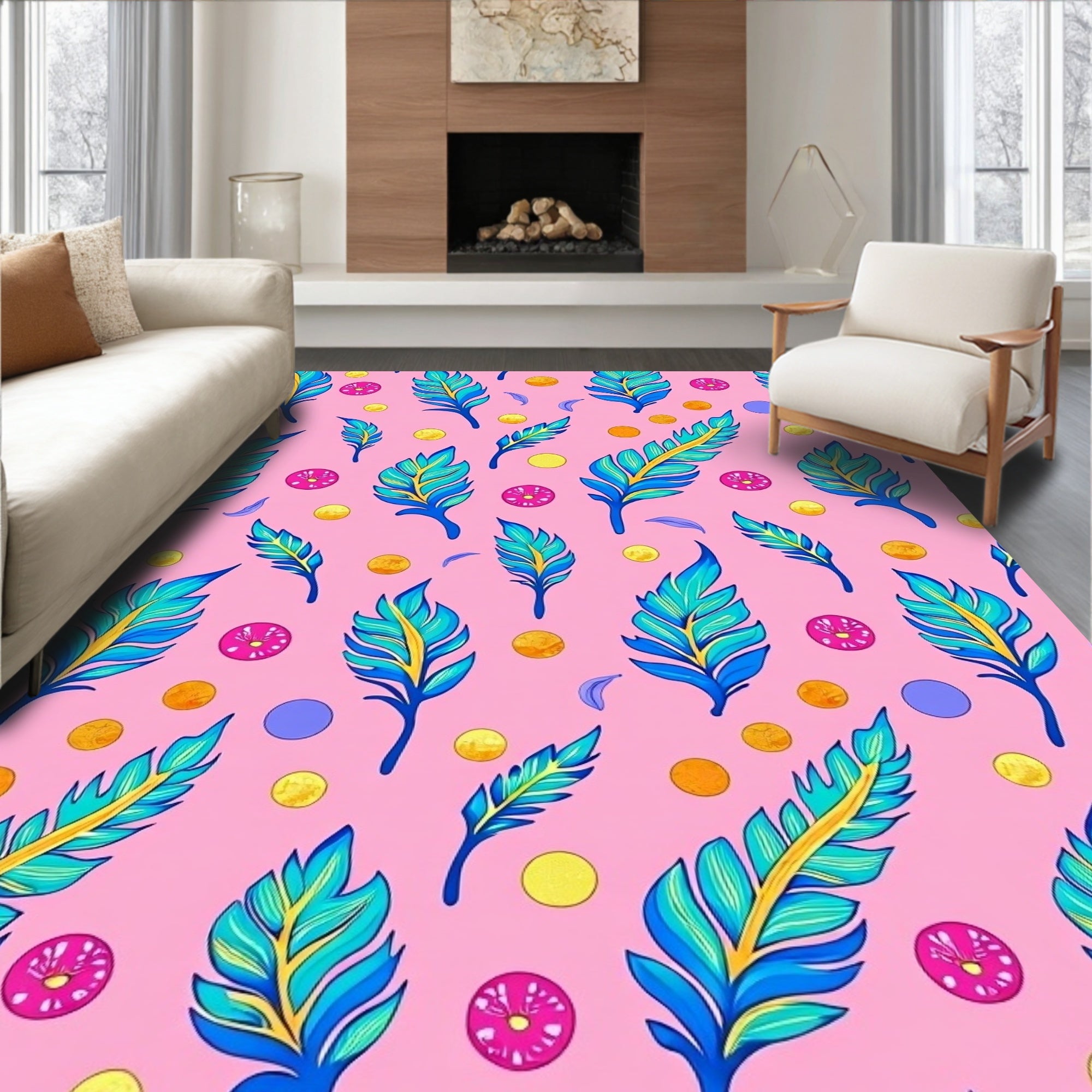 Vibrant Teal Feather Scattered Polka Dot Rug