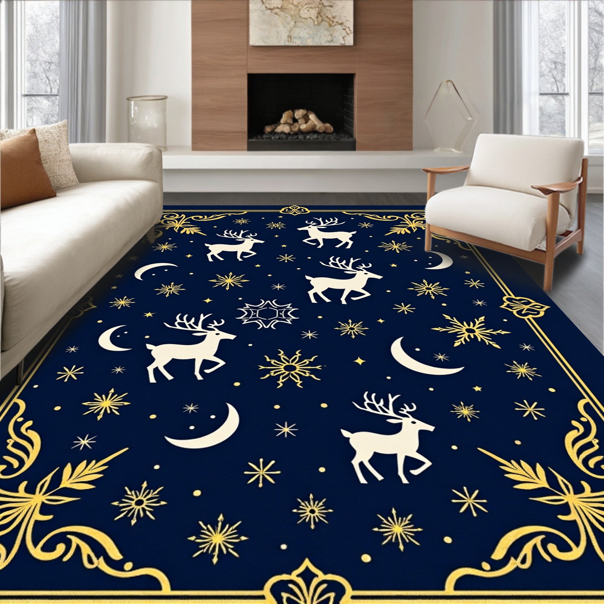 Midnight Navy Celestial Reindeer Moonscape Rug