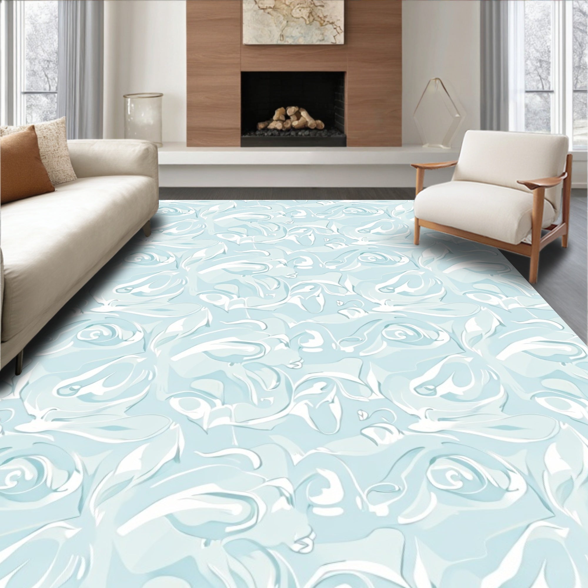 Soft Blue Swirl Floral Rug