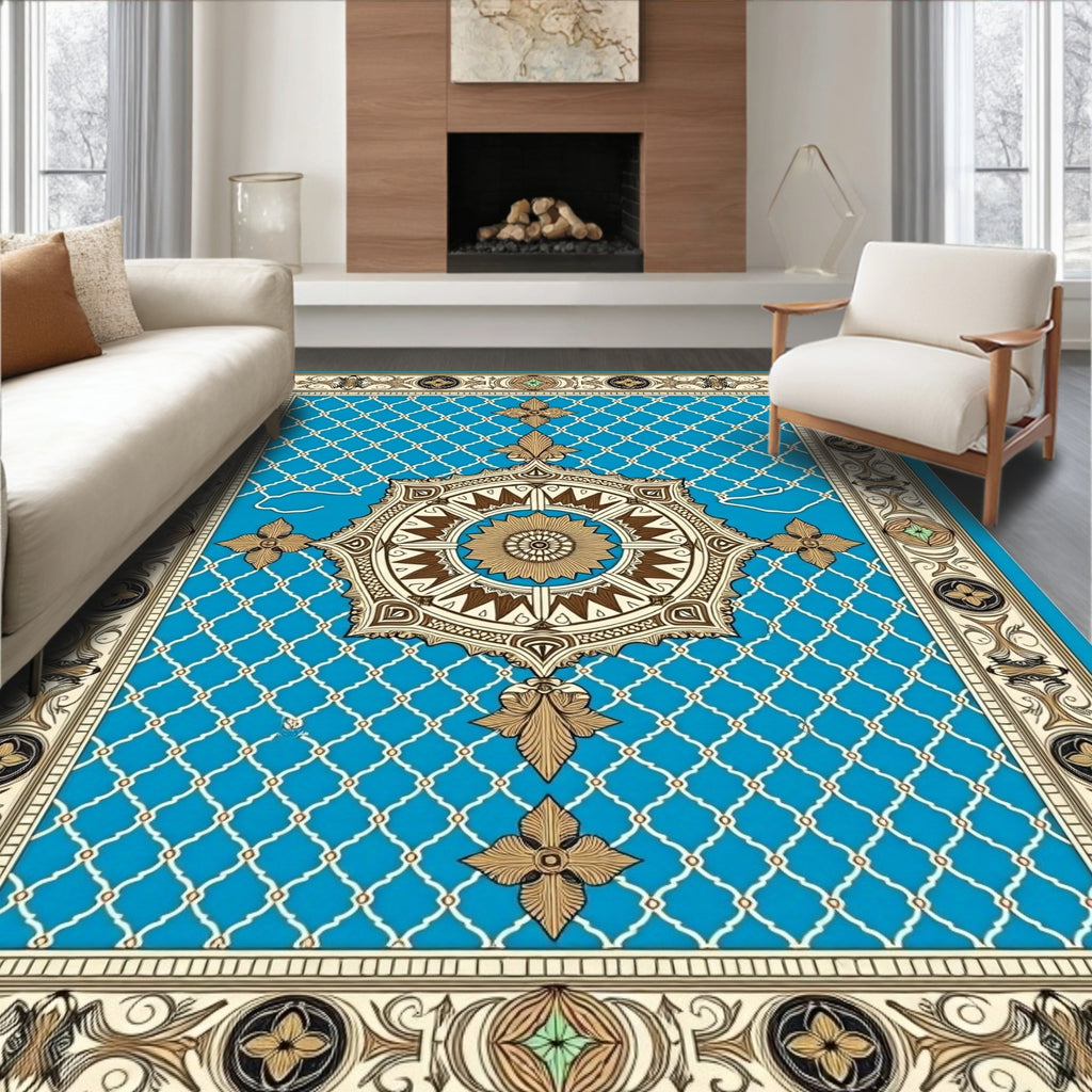Ornamental Cyan Medallion Lattice Rug
