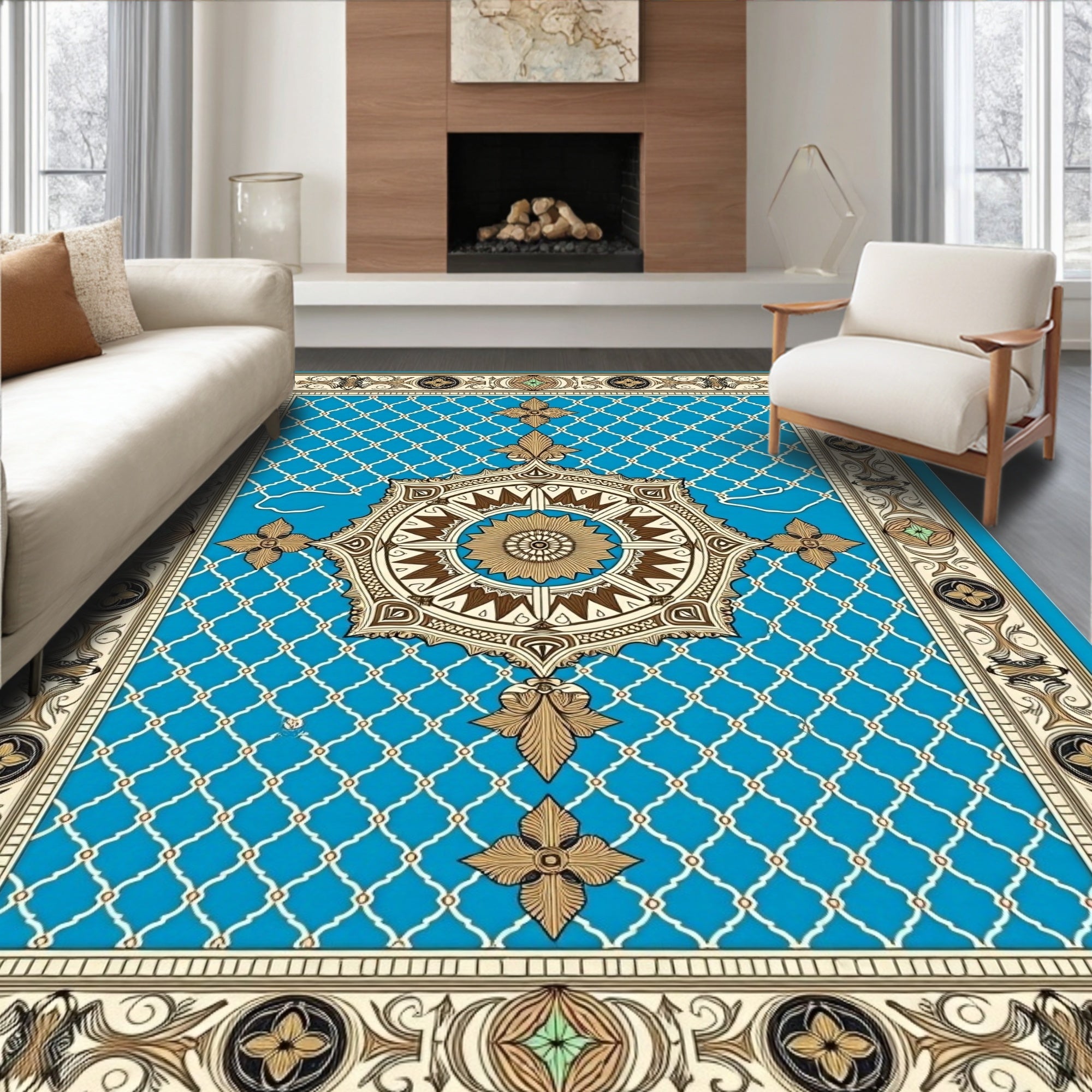 Ornamental Cyan Medallion Lattice Rug