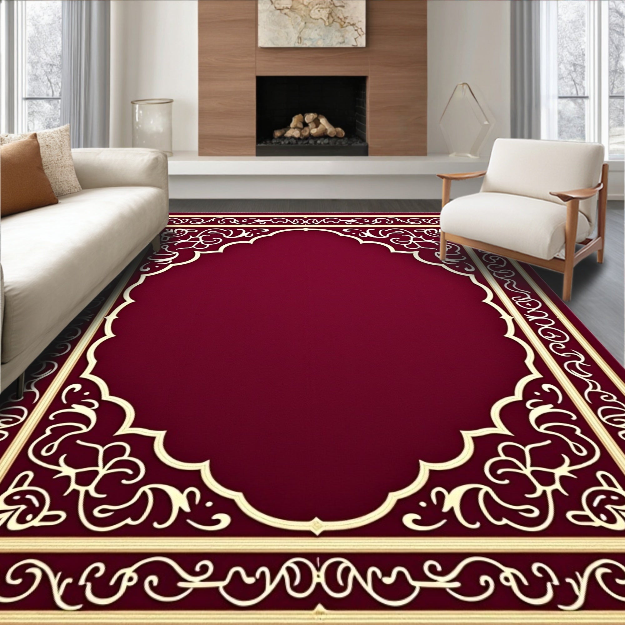 Ornate Crimson and Gold Scrollwork Rug