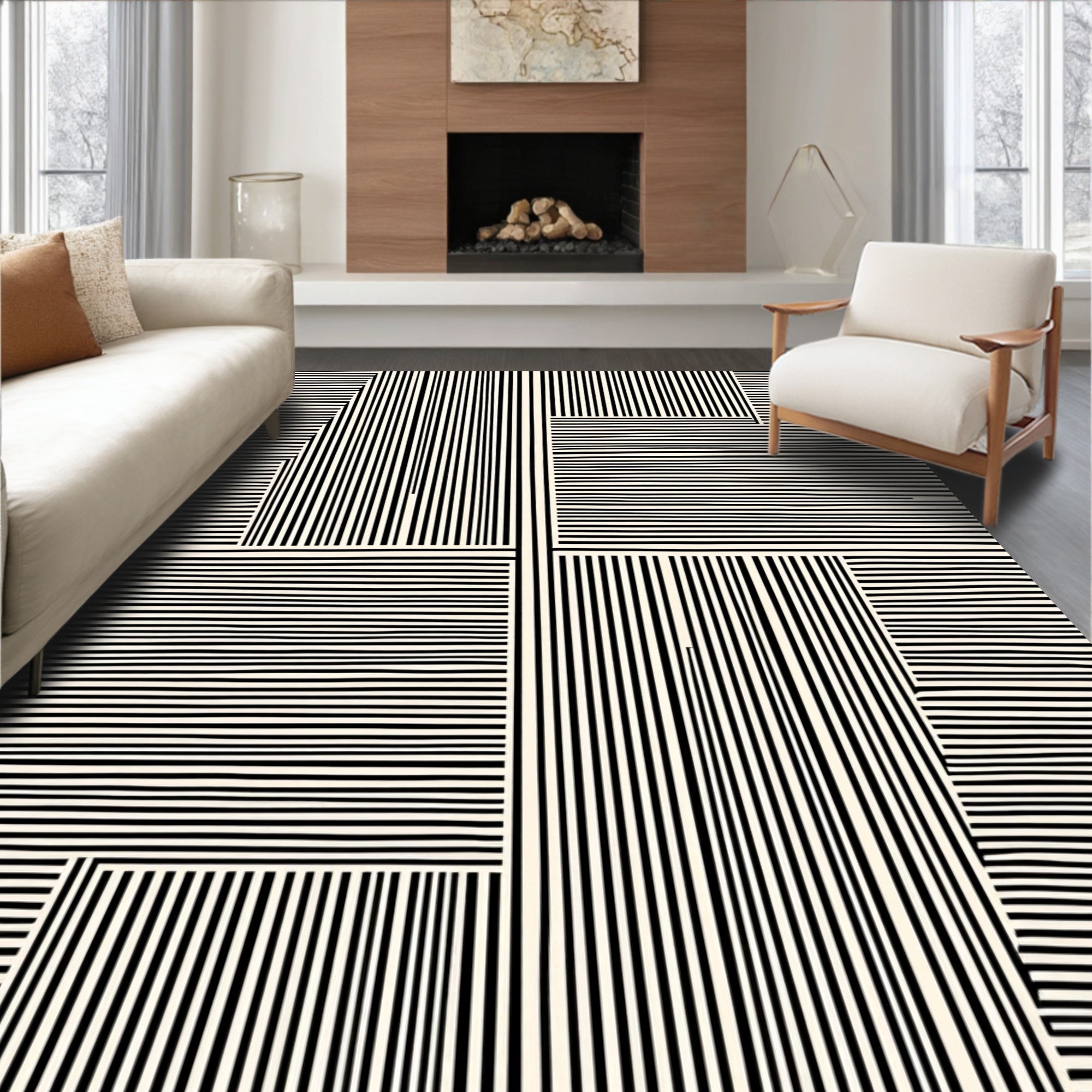 Black Cream Geometric Stripe Rug