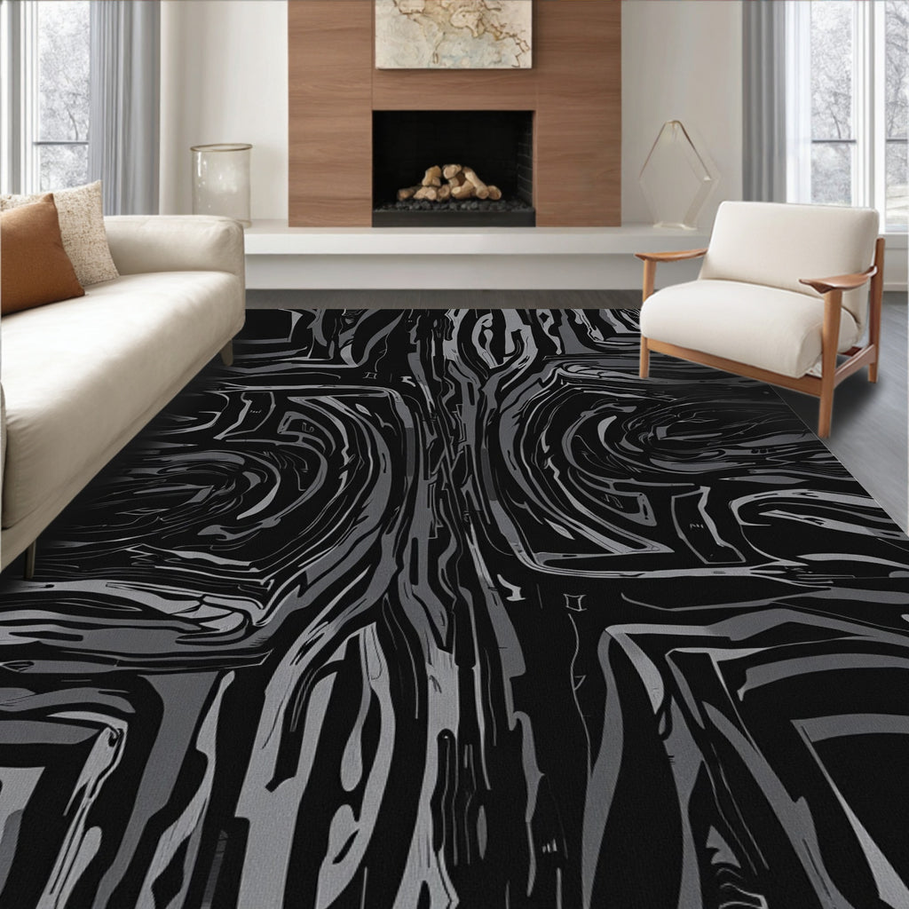 Monochrome Swirling Fluid Abstract Rug