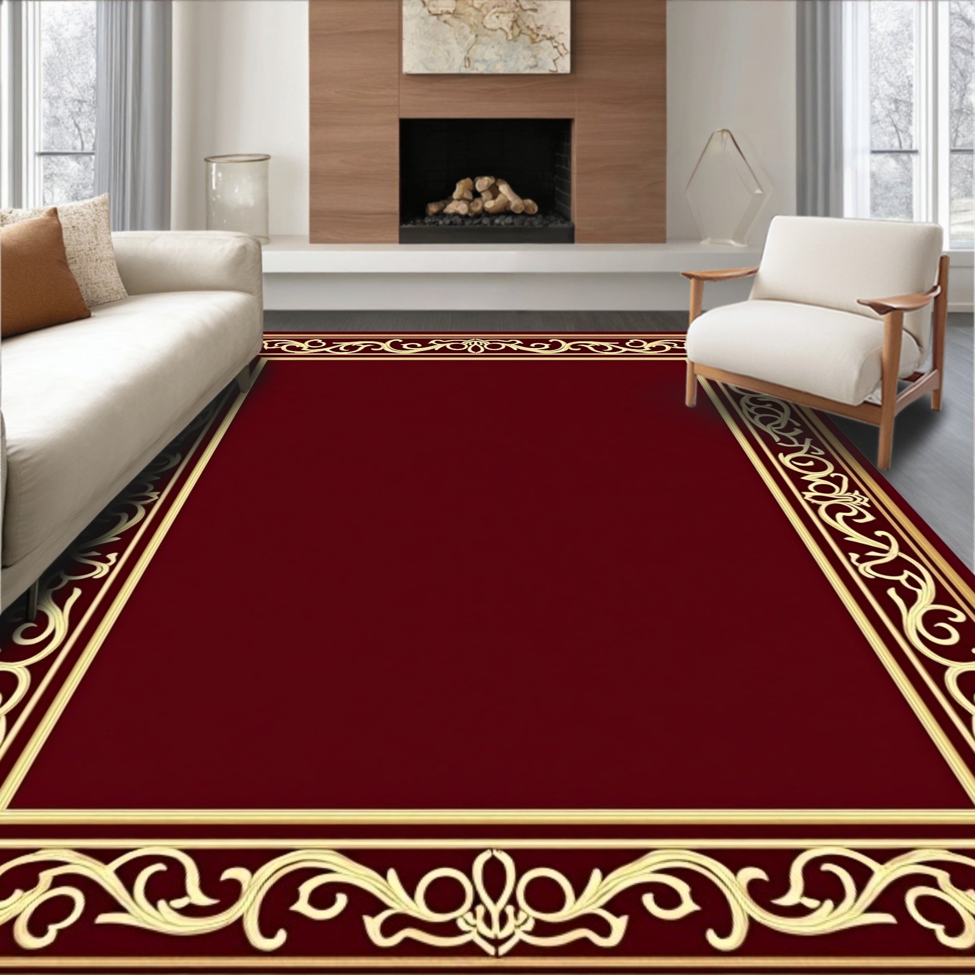 Rich Plum Floral Scroll Border Rug