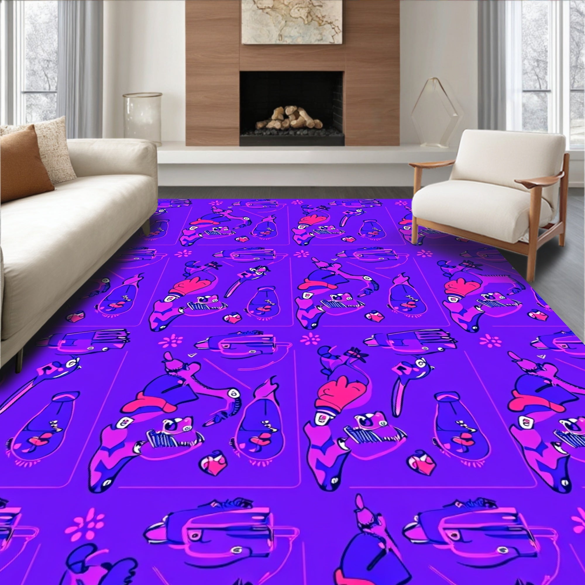Vivid Purple Pink Cartoon Figures Rug