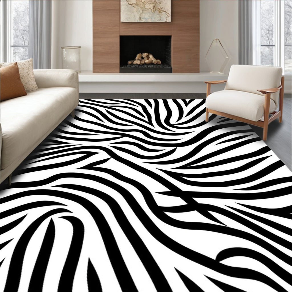Striking Black White Wavy Lines Rug