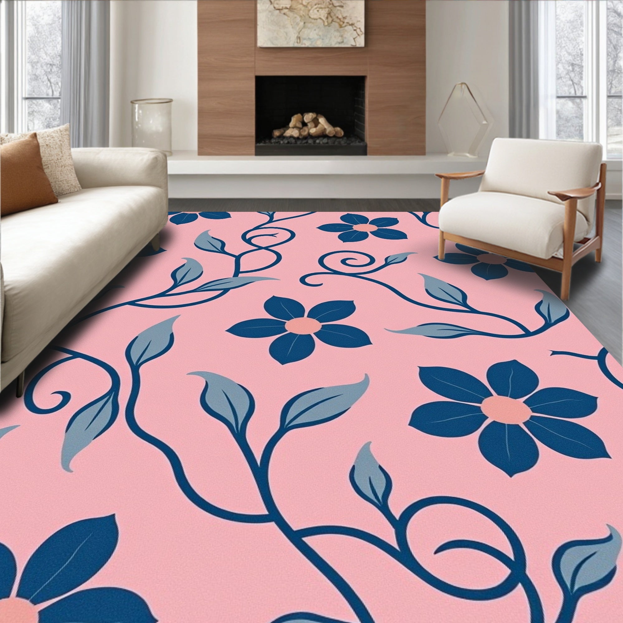 Pink Blue Floral Vine Garden Rug