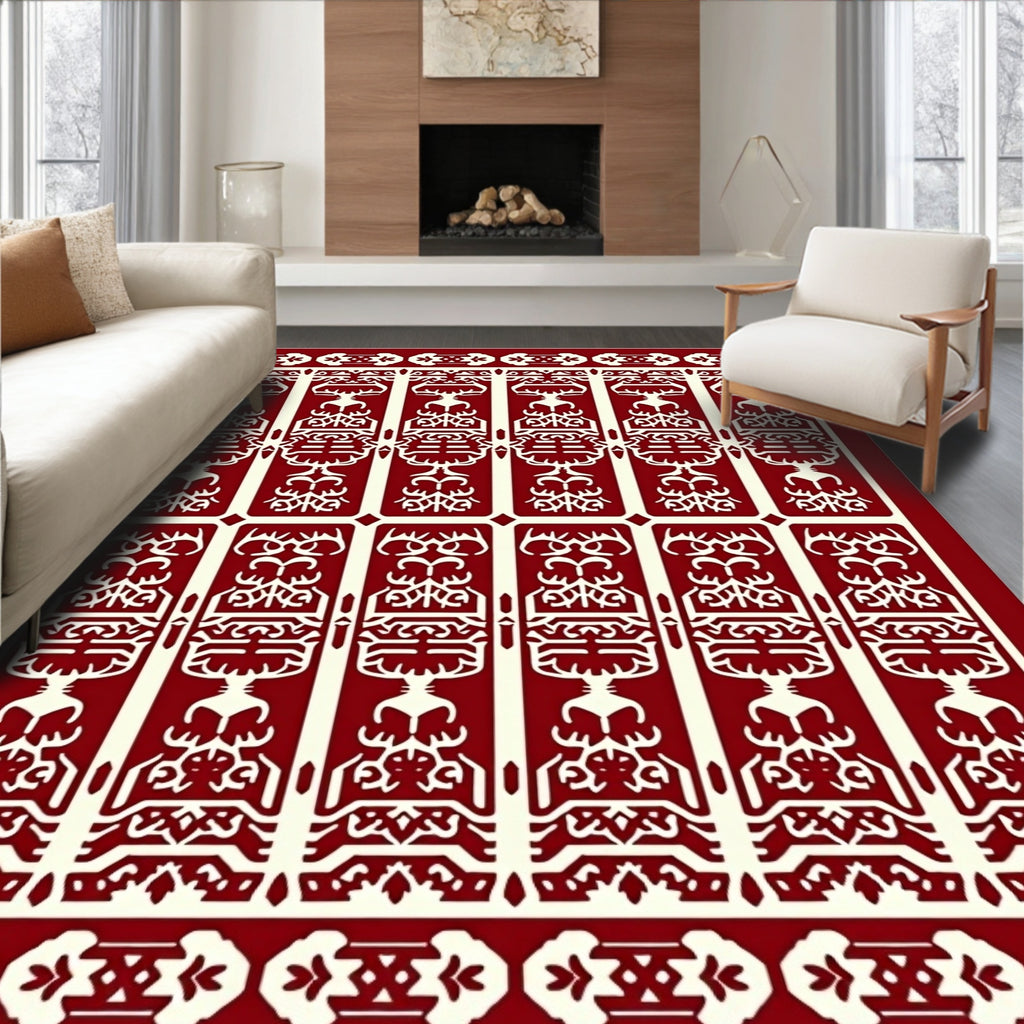 Deep Red And Cream Vertical Tribal Rug